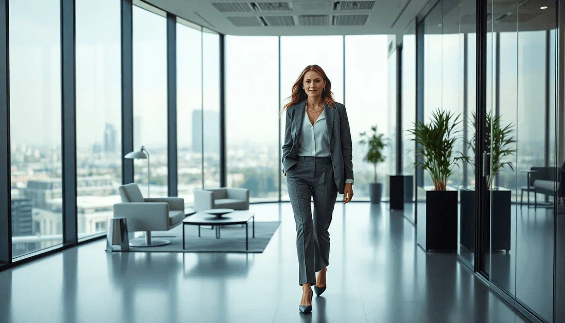 Stylish woman in a grey suit and trousers walking in a modern office, GUOCALI luxury fashion
