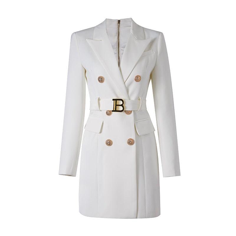 White double-breasted blazer dress with gold buttons and belt from GUOCALI Paris fashion