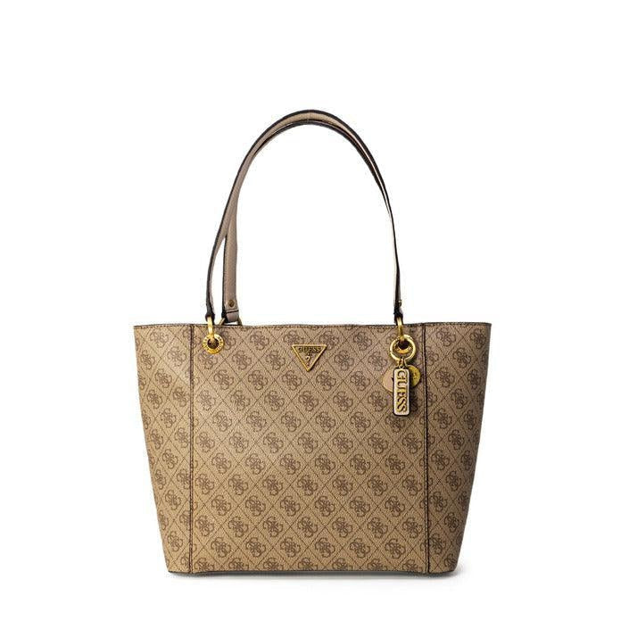 Beige Guess handbag with gold accents and logo pattern on white background