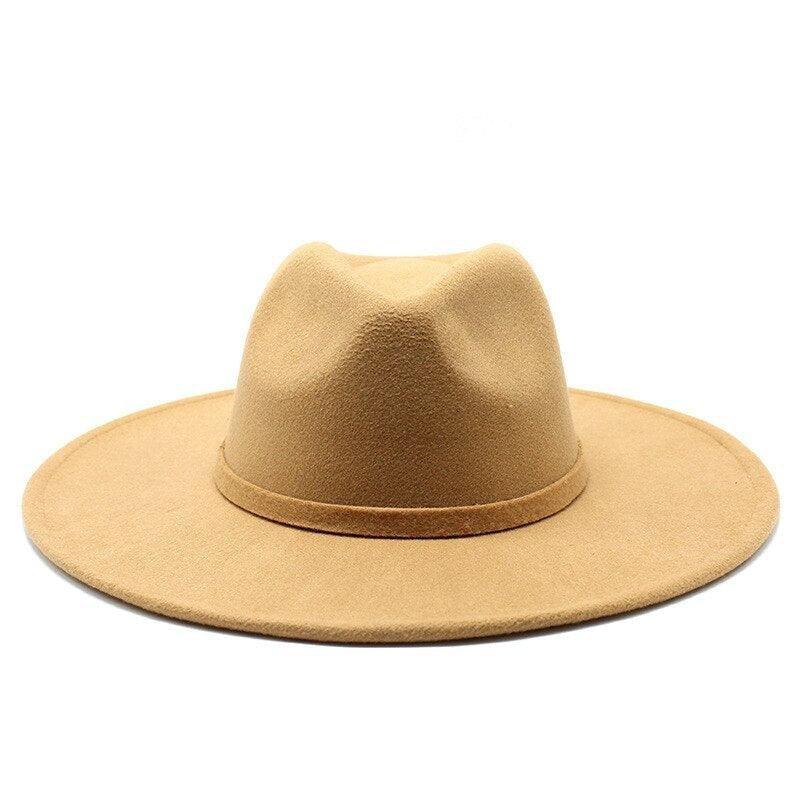 Beige wide brim felt fashion hat on a white background