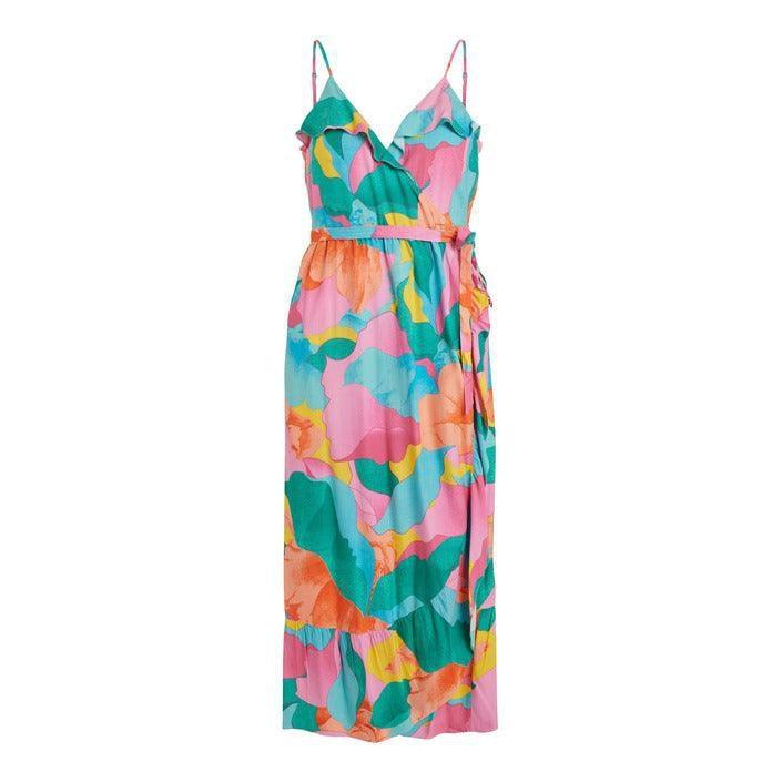 Colorful floral print sleeveless maxi dress with V-neck and belt, summer fashion style