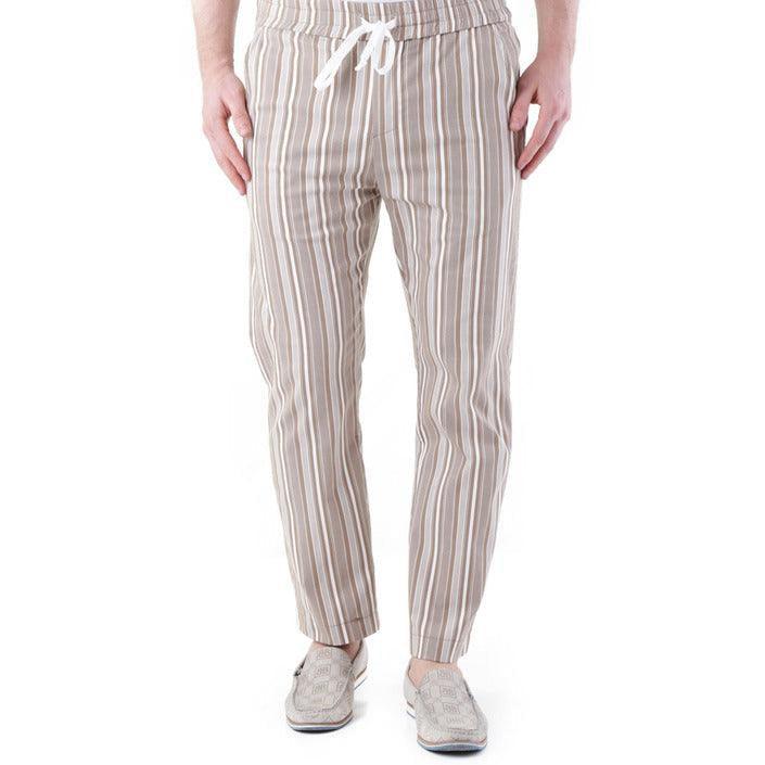 GUOCALI men's beige striped pants with drawstring waist, contemporary Paris fashion