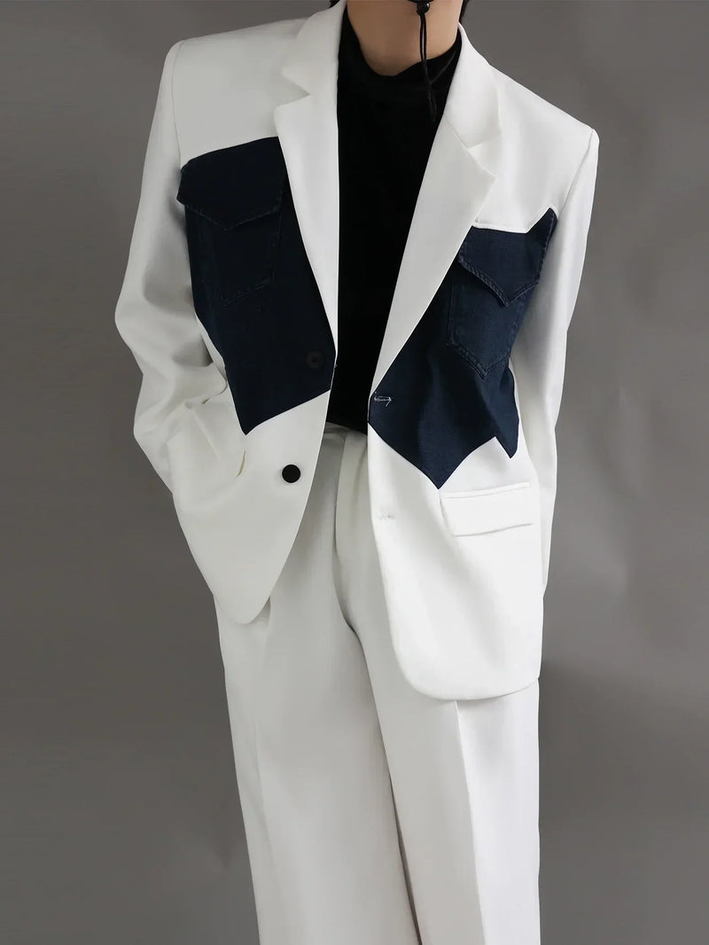 Men's modern white blazer with black contrast pockets, part of GUOCALI luxury fashion.