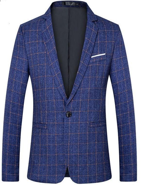 GUOCALI men's blue checkered blazer with notched lapel and single button, luxury fashion