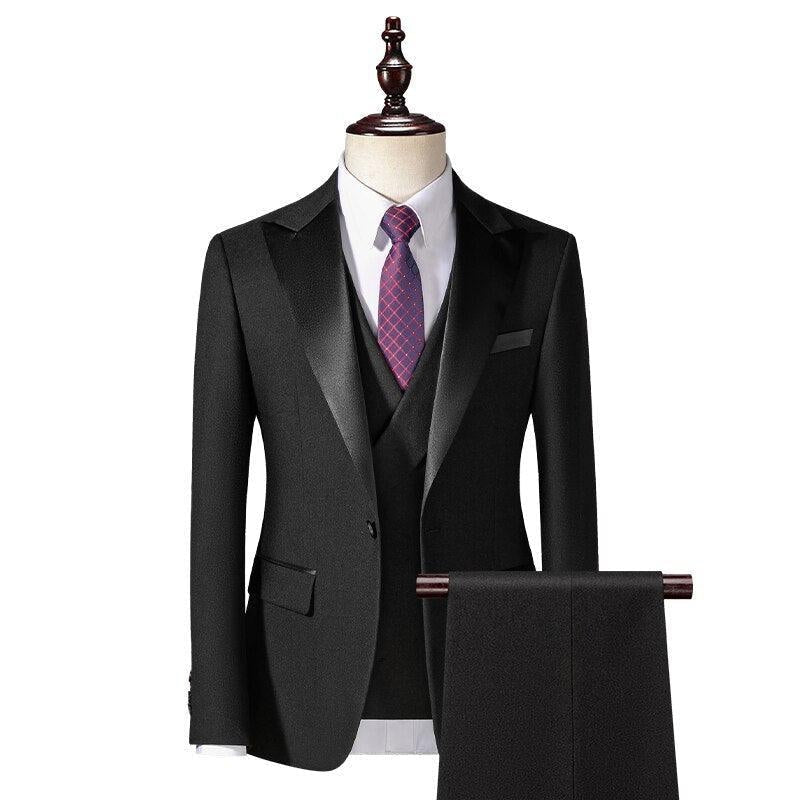 Men's classic black suit with vest, white shirt, and tie from GUOCALI luxury fashion.