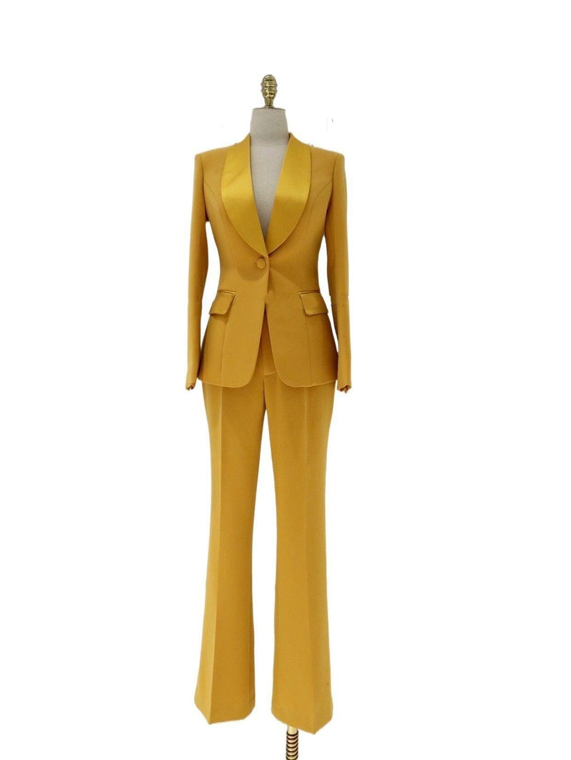 Yellow women's pantsuit with peak lapel blazer and flared trousers by GUOCALI Paris