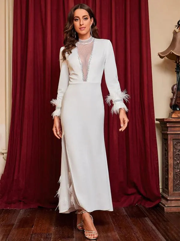 Ladies Slit Feather Party Dress
