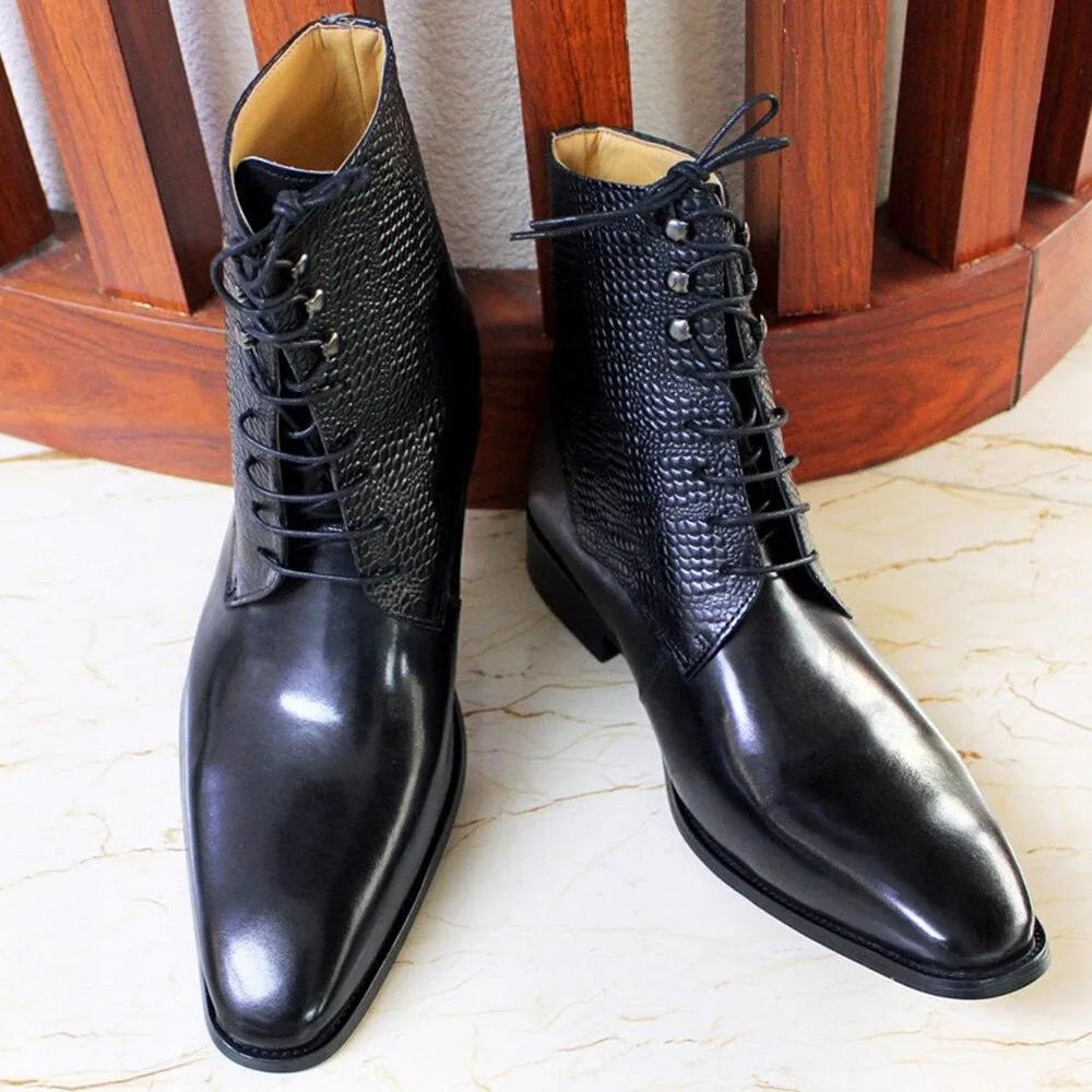 Men's Boots - Block Ankle Boots - Leather