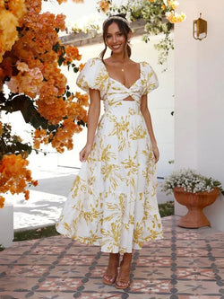 Printed Puff Sleeve Swing Summer Dress - Guocali