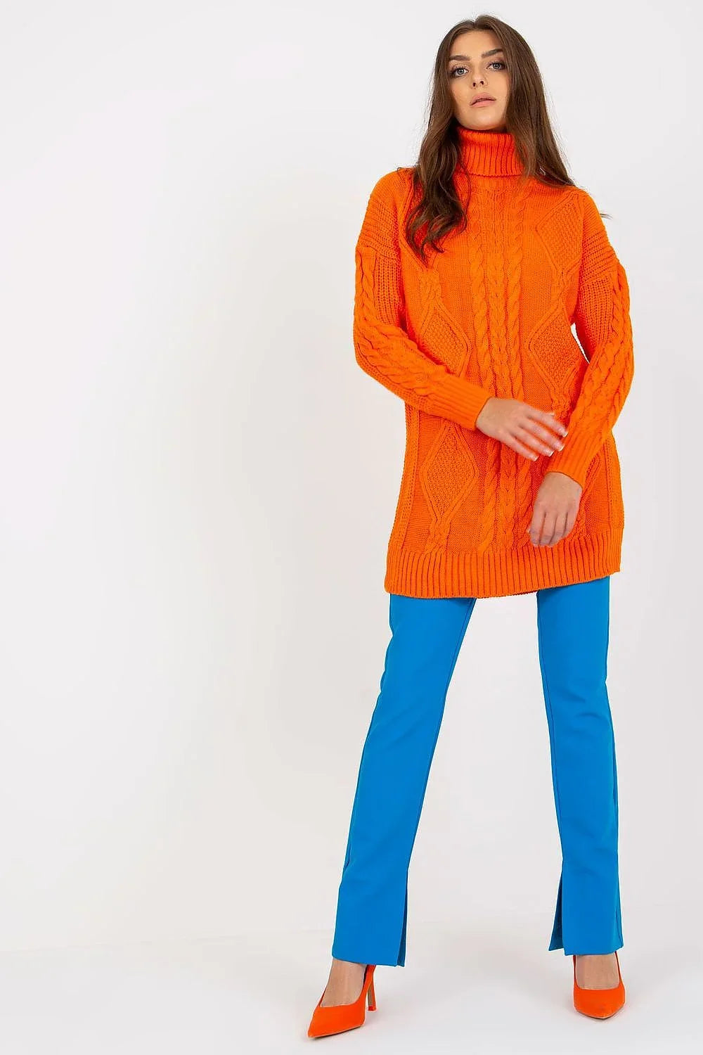Women Cable-Knit Longline Turtleneck Sweater - Guocali fashion image