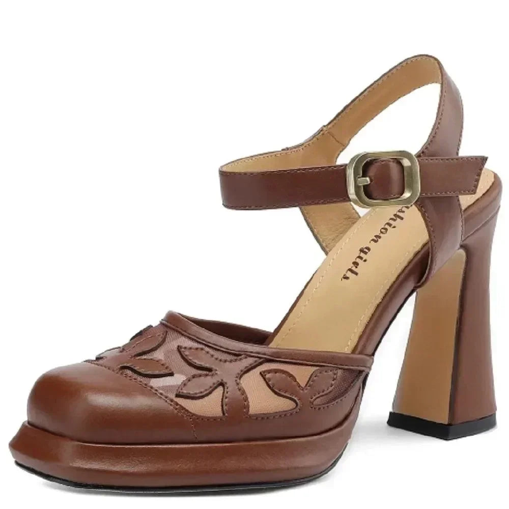 Women Leather Floral Block Heel Sandals