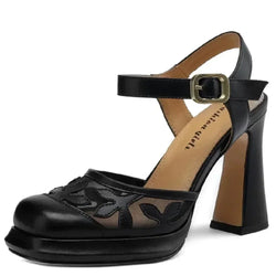 Women Leather Floral Block Heel Sandals - Guocali