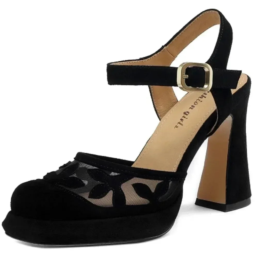 Women Leather Floral Block Heel Sandals
