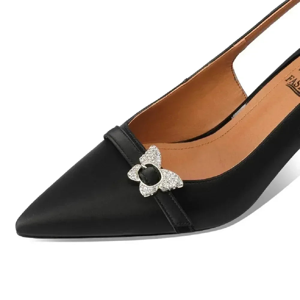 Women Leather Pointed Toe Slingback Heels