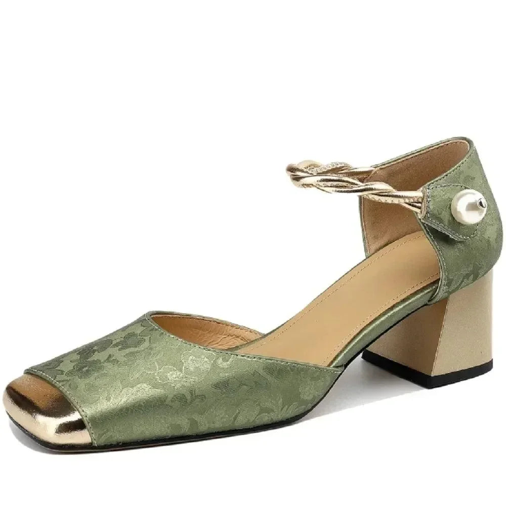 Women Leather Square Toe Block Heel Sandals