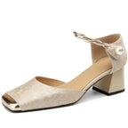 Women Leather Square Toe Block Heel Sandals