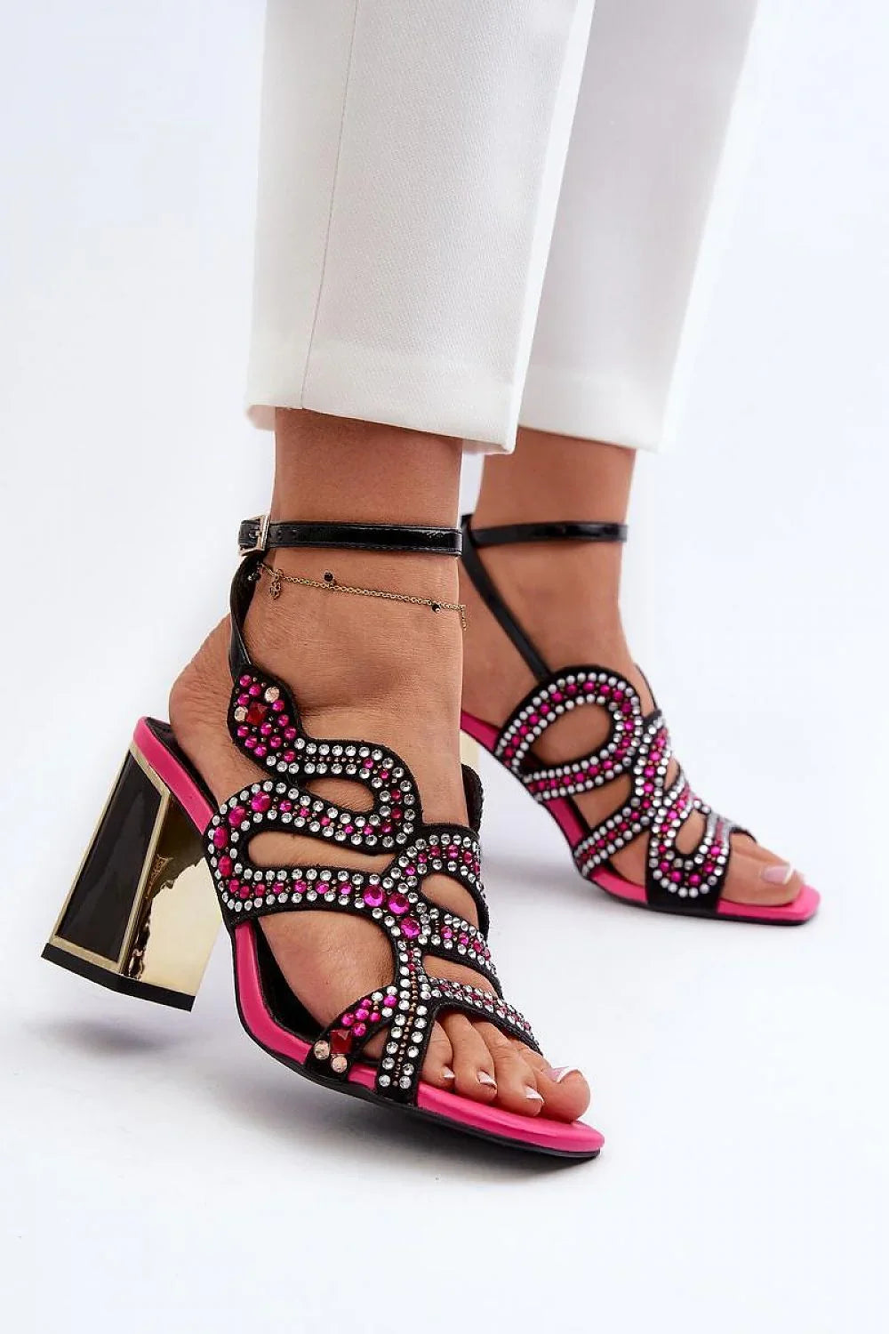 Women Rhinestone Block Heel Evening Sandals