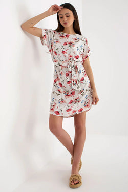 Women’s Red Floral Above-Knee Short Sleeve Dress - Guocali
