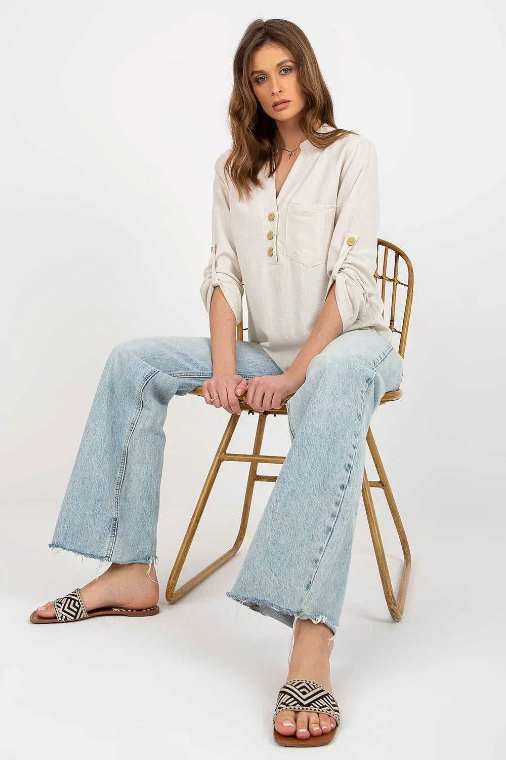 Women's Button-Down Blouse - Solid Hip Length