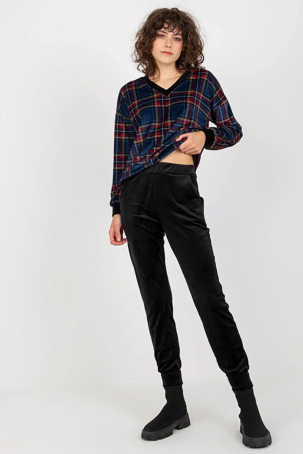 Women’s Checkered V-Neck Blouse and Pants Set