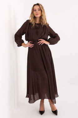 Women’s Brown Maxi Long Sleeve Tie Neck Dress - Guocali