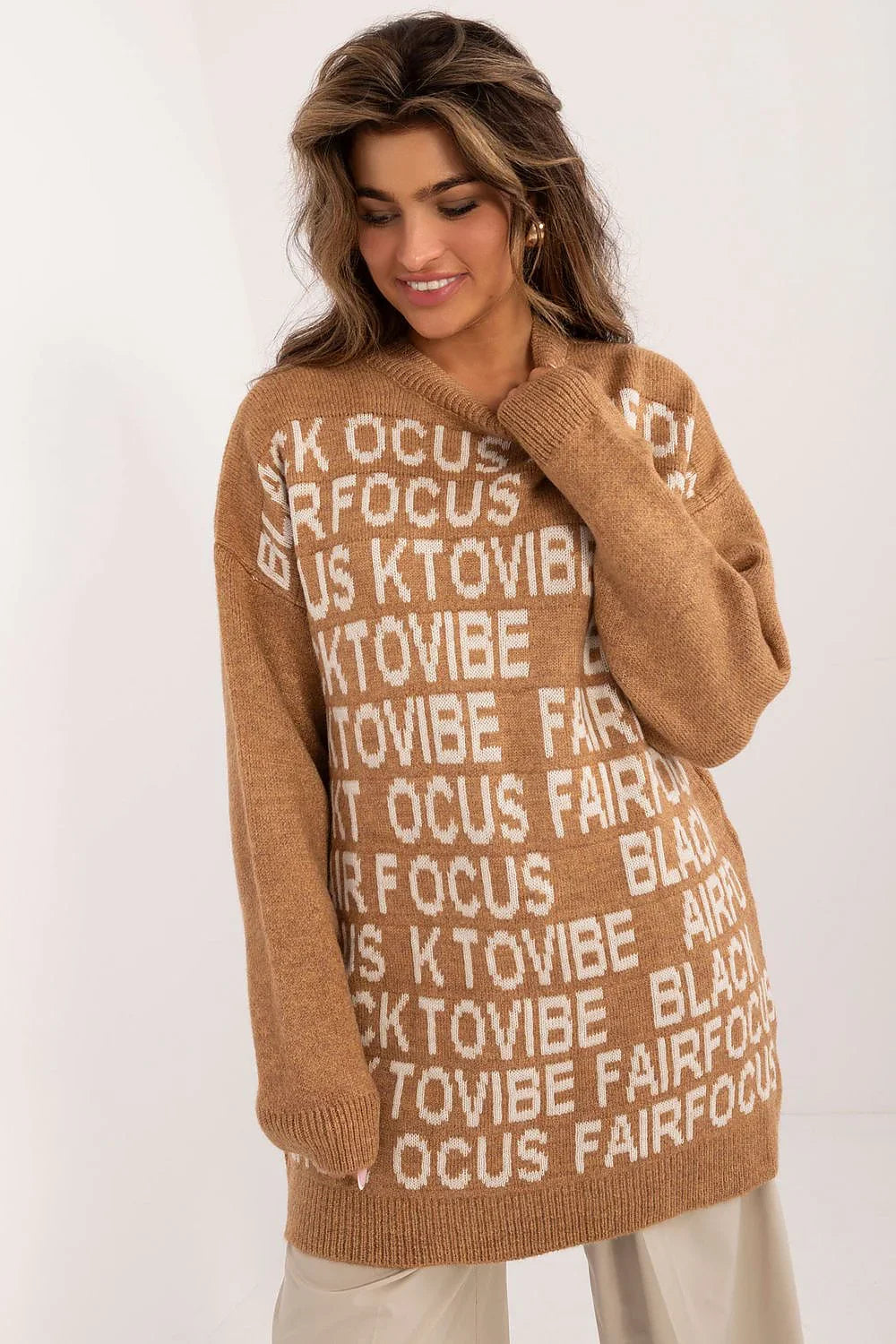 Women's Graphic Longline Crew Pullover Sweater - Guocali fashion image