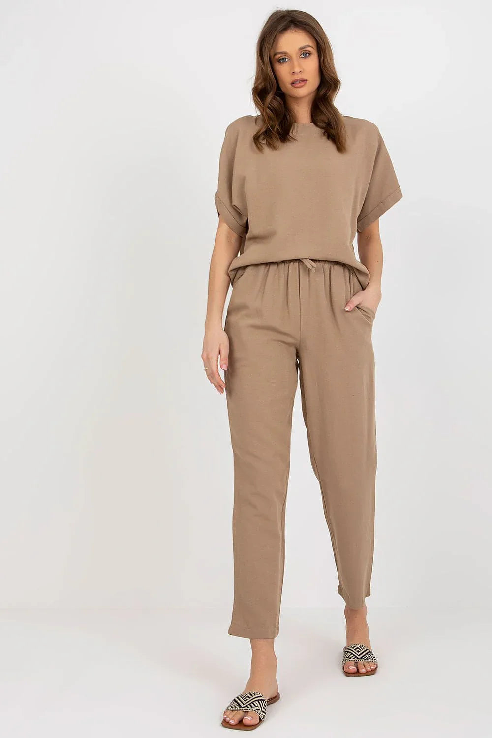 Women’s Linen Blend Blouse and Straight Leg Pants Set - Guocali
