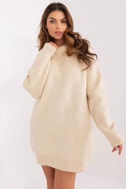 Women’s Beige Mini Long Sleeve Round Neck Knit Dress - Guocali