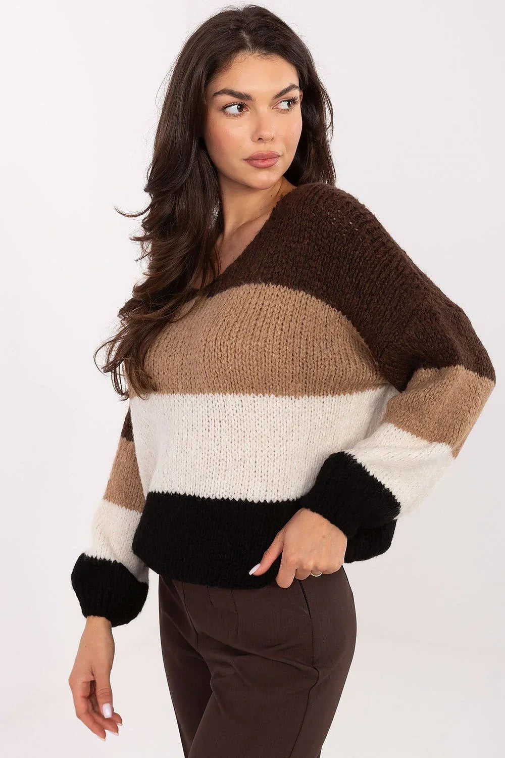 Women's Slouchy Striped Oversized V-Neck Pullover Sweater