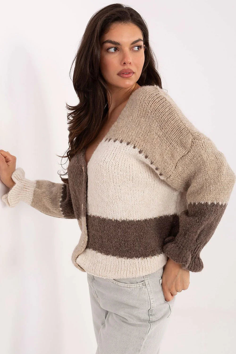 Women's Striped V Neck Cardigan Sweater