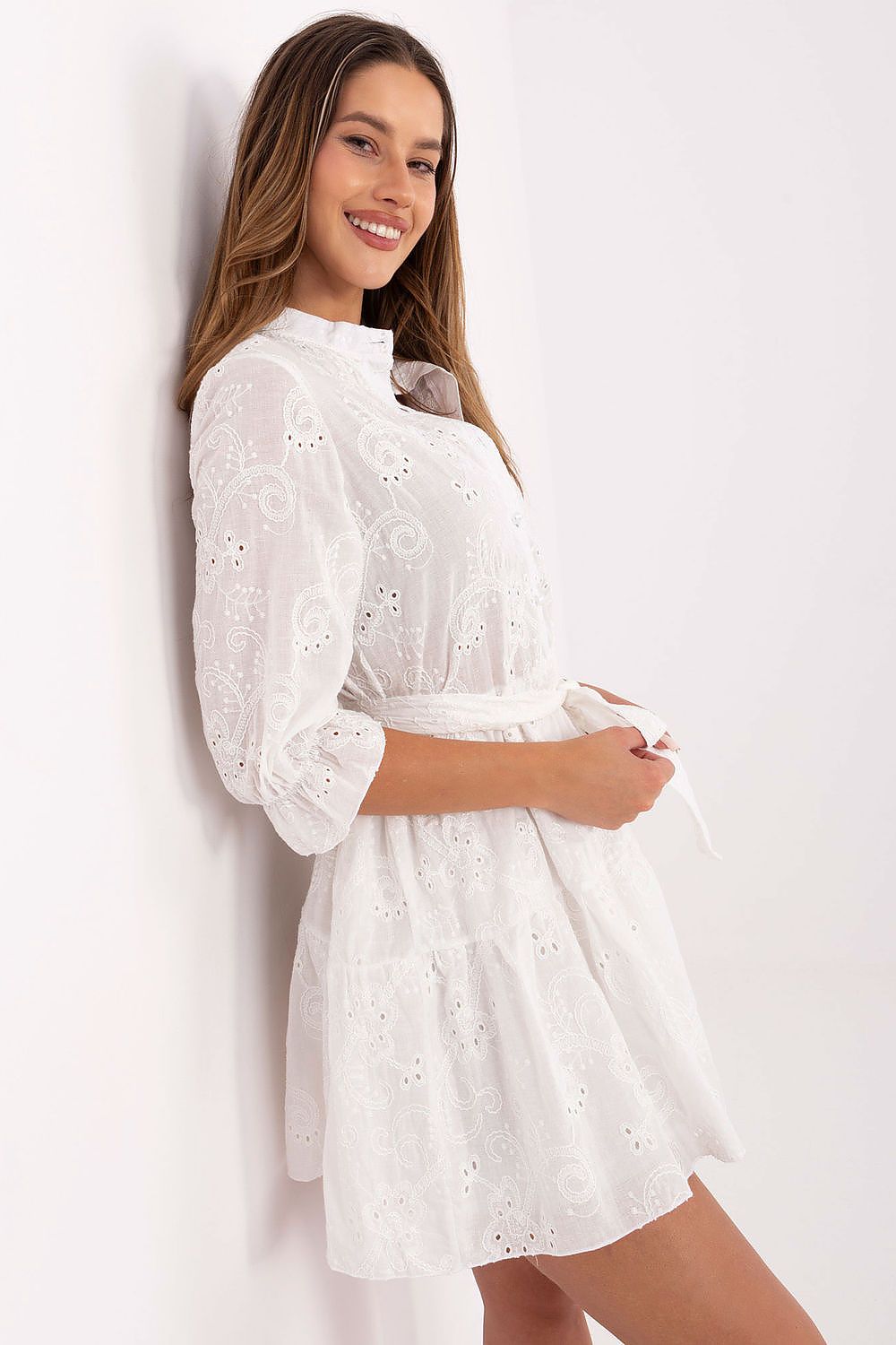 Boho Embroidered Mini Dress – Mandarin Collar, 3/4 Sleeves, Cotton – Daydress | GUOCALI – view 2