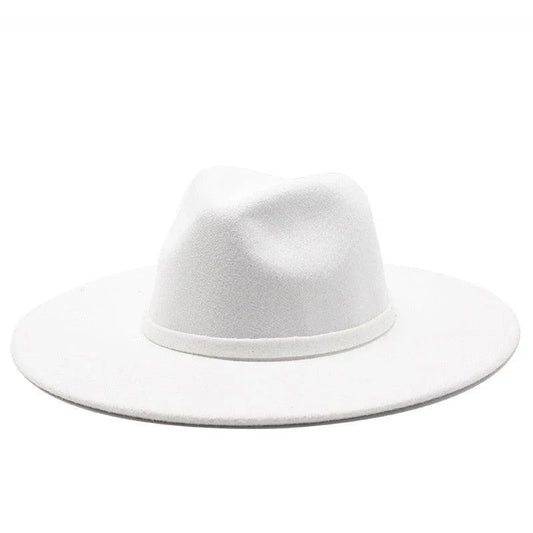 White British style fedora hat with wide brim on plain background