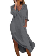 Button Front Shirt Dress – Long, Collar, Relaxed Slit Cut – Shirt Dress | GUOCALI – view 11