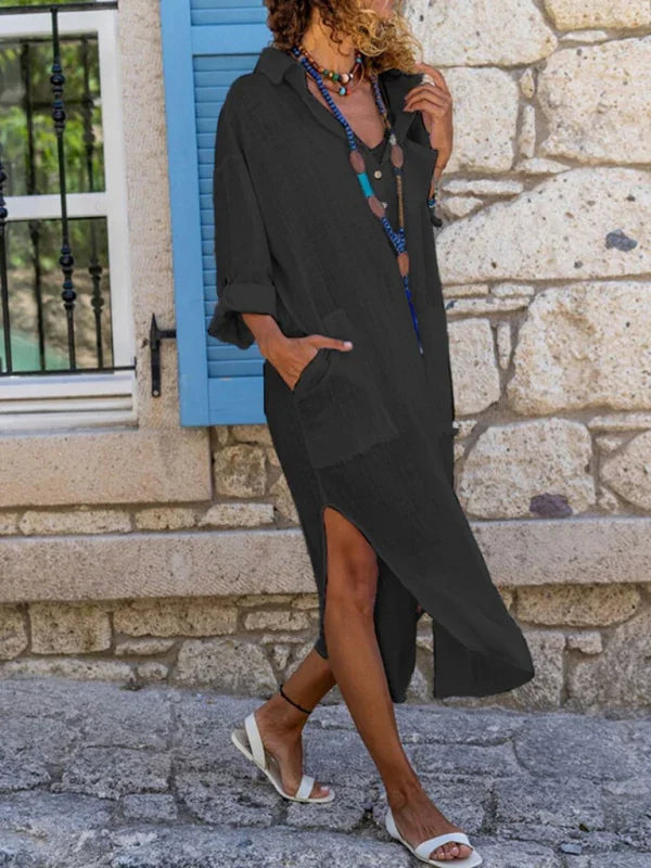 Button Front Shirt Dress – Long, Collar, Relaxed Slit Cut – Shirt Dress | GUOCALI – view 15