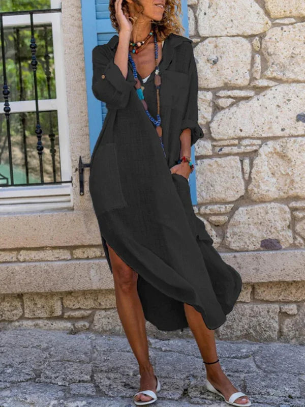Button Front Shirt Dress – Long, Collar, Relaxed Slit Cut – Shirt Dress | GUOCALI – view 16