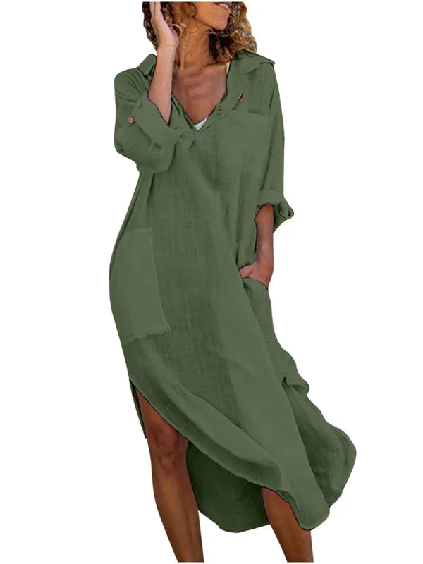 Button Front Shirt Dress – Long, Collar, Relaxed Slit Cut – Shirt Dress | GUOCALI – view 2