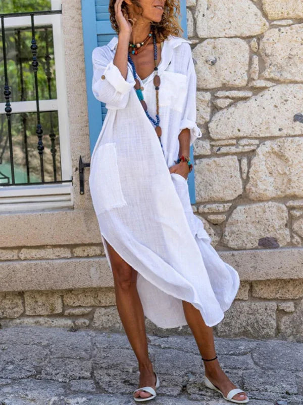 Button Front Shirt Dress – Long, Collar, Relaxed Slit Cut – Shirt Dress | GUOCALI – view 9