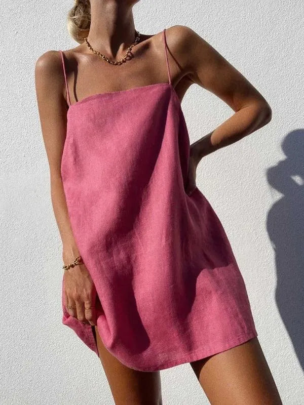 Casual Cotton Linen Suspender Holiday Dress -Guocali