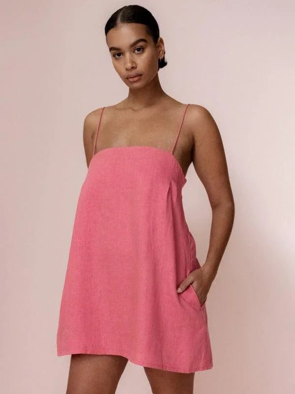Casual Cotton Linen Suspender Holiday Dress -Guocali