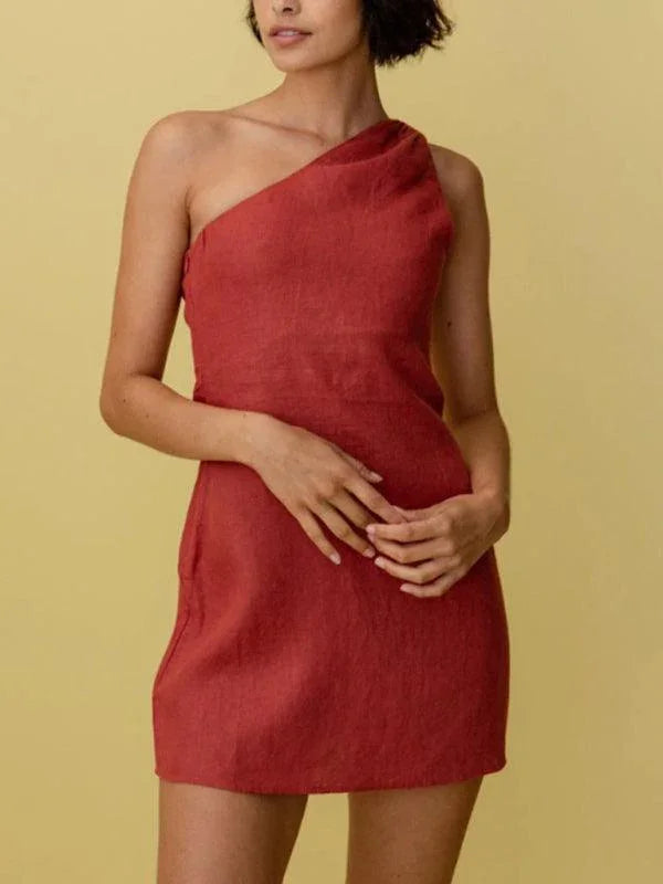 Casual Solid Color Slant Shoulder Dress -Guocali