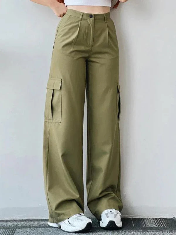 Casual Women Cargo Pants – Mid Rise Button Front -Guocali
