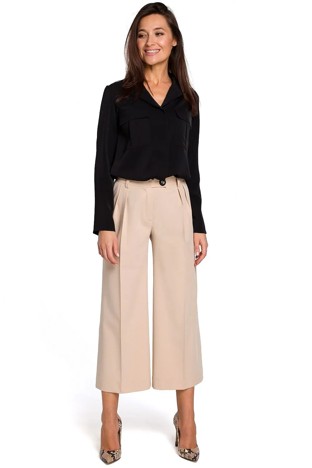 Chic Elegant Professional Women Cropped Wide-Leg Pants – High-Waist Stretchable -Guocali