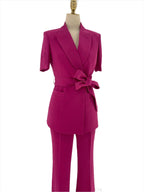 Chic Elegant Women's Pant Suit - Solid Belted