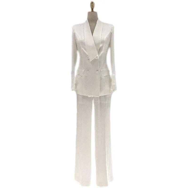 Chic Women's Pant Suit - Solid Double-Breasted, Black