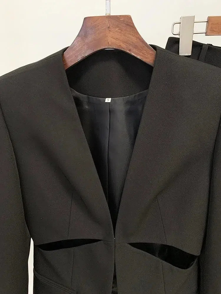 Chic Women's Pant Suit - Solid Zipper, Black