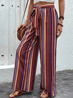 Chic Women Wide Leg Pants – High-Waist Striped Polyester - Guocali