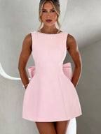 Cocktail A-Line Dress – Mini, Round Neck, Pearl Bow – Cocktail Dress | GUOCALI