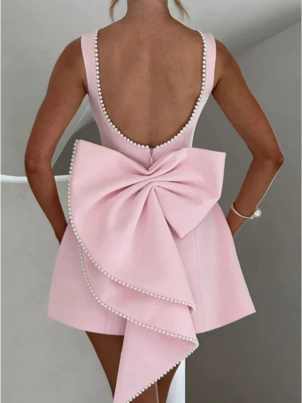 Cocktail A-Line Dress – Mini, Round Neck, Pearl Bow – Cocktail Dress | GUOCALI – view 4