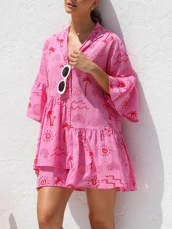 Comfortable Trumpet Sleeve Ethnic Dress -Guocali