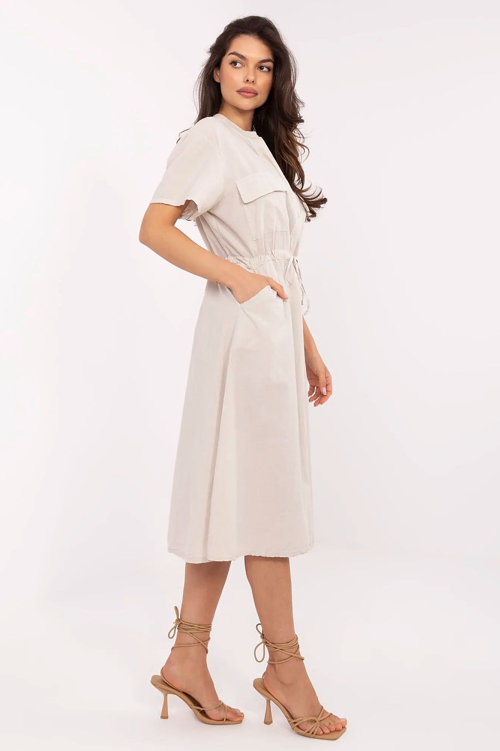 Cotton Midi Shirt Dress – Sweetheart Neck, Flared Skirt, Tie Waist – Daydress | GUOCALI – view 2
